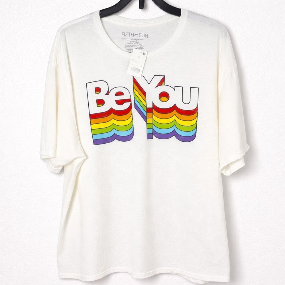 Fifth Sun “Be You” Rainbow Pride Graphic White Tee Unisex LGBTQ Shirt XXL New! - Picture 2 of 5